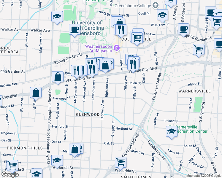 map of restaurants, bars, coffee shops, grocery stores, and more near 812 Gregory Street in Greensboro