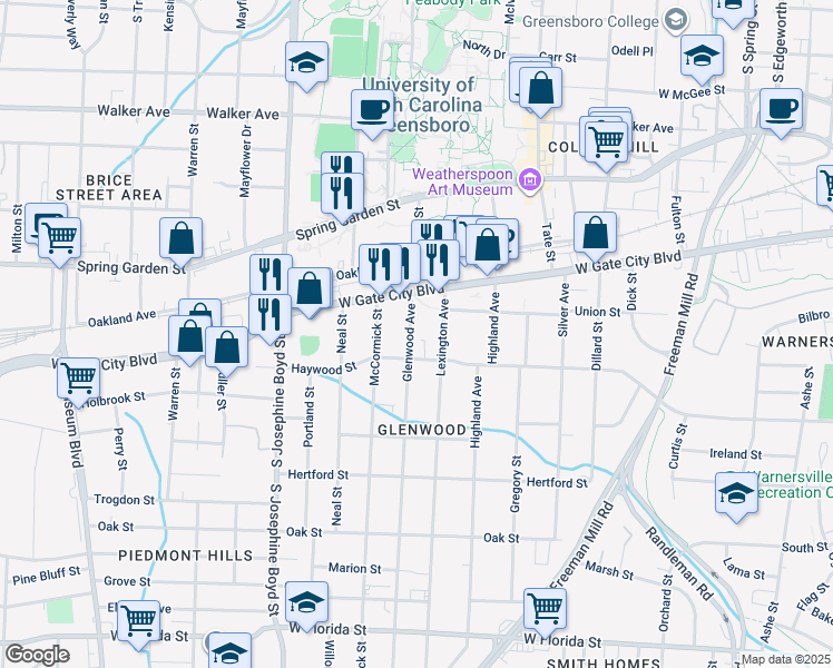 map of restaurants, bars, coffee shops, grocery stores, and more near 823 Glenwood Avenue in Greensboro