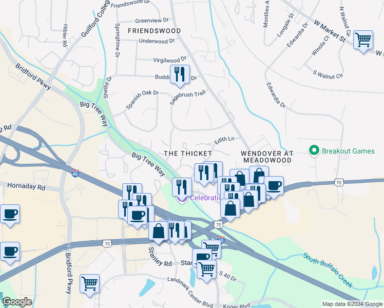 map of restaurants, bars, coffee shops, grocery stores, and more near 4336 Edith Lane in Greensboro