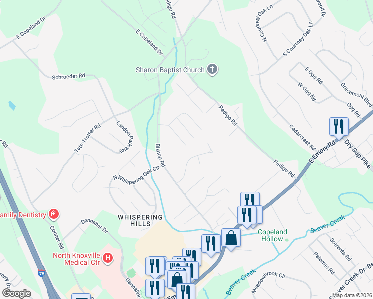 map of restaurants, bars, coffee shops, grocery stores, and more near 7801 Mendonhall Estates Boulevard in Knoxville