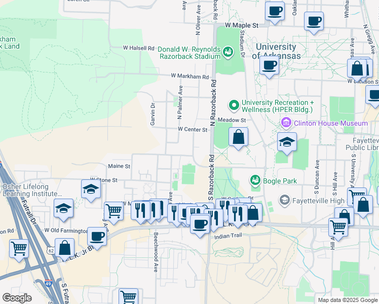 map of restaurants, bars, coffee shops, grocery stores, and more near 151 South Graham Avenue in Fayetteville