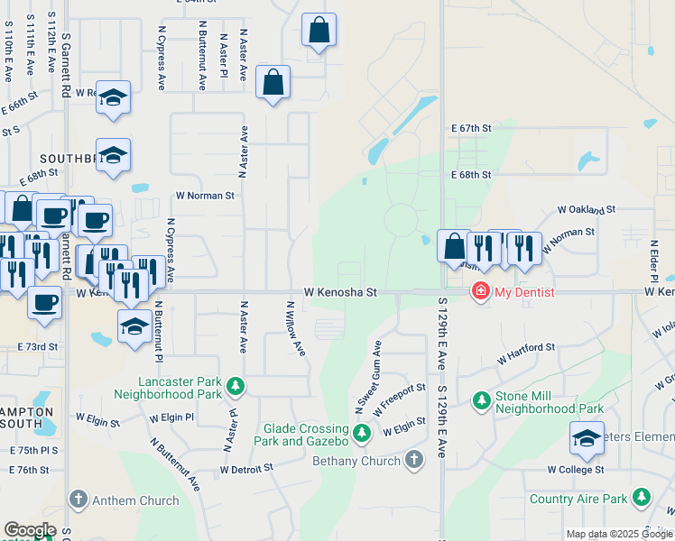 map of restaurants, bars, coffee shops, grocery stores, and more near 12813 East 71st Street in Broken Arrow