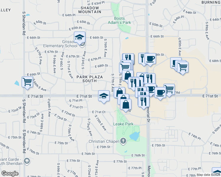 map of restaurants, bars, coffee shops, grocery stores, and more near 6925 South 76th East Avenue in Tulsa