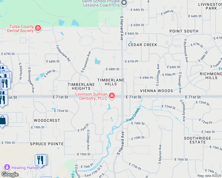 map of restaurants, bars, coffee shops, grocery stores, and more near 6921 South Gary Avenue in Tulsa