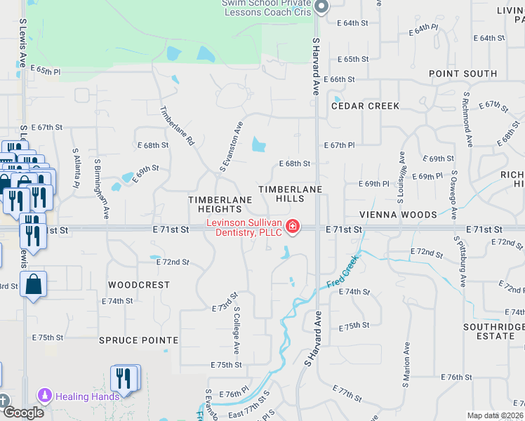map of restaurants, bars, coffee shops, grocery stores, and more near 6886 South Florence Avenue in Tulsa