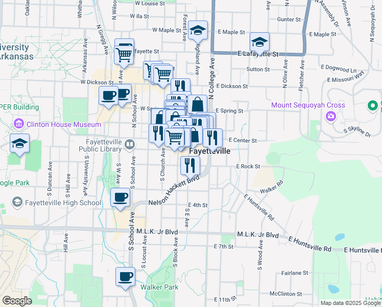 map of restaurants, bars, coffee shops, grocery stores, and more near 1 East Mountain Street in Fayetteville