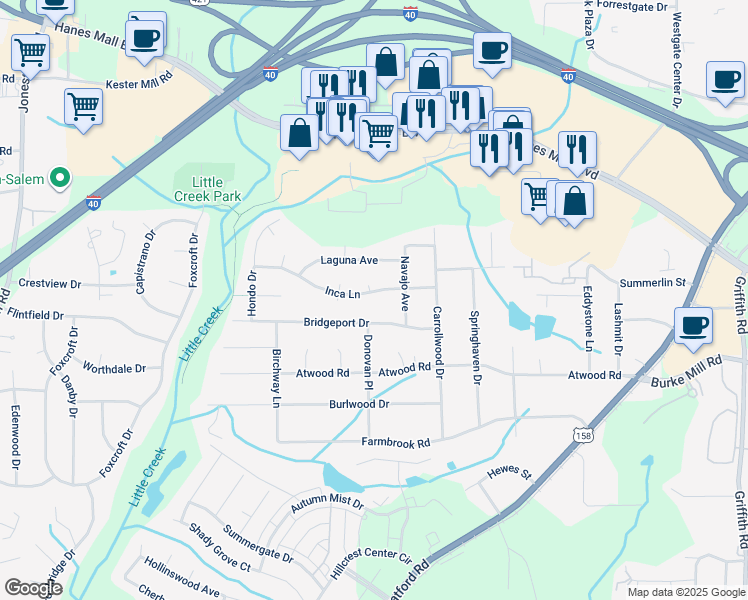 map of restaurants, bars, coffee shops, grocery stores, and more near 2724 Inca Lane in Winston-Salem