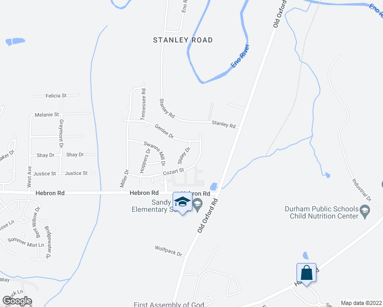 map of restaurants, bars, coffee shops, grocery stores, and more near 3 Bolter Court in Durham