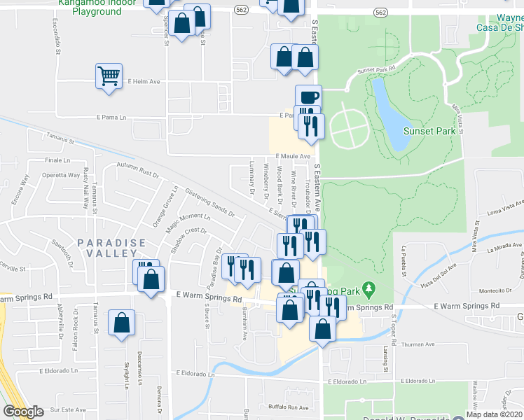 map of restaurants, bars, coffee shops, grocery stores, and more near 2175 East Sierra Stone Lane in Las Vegas