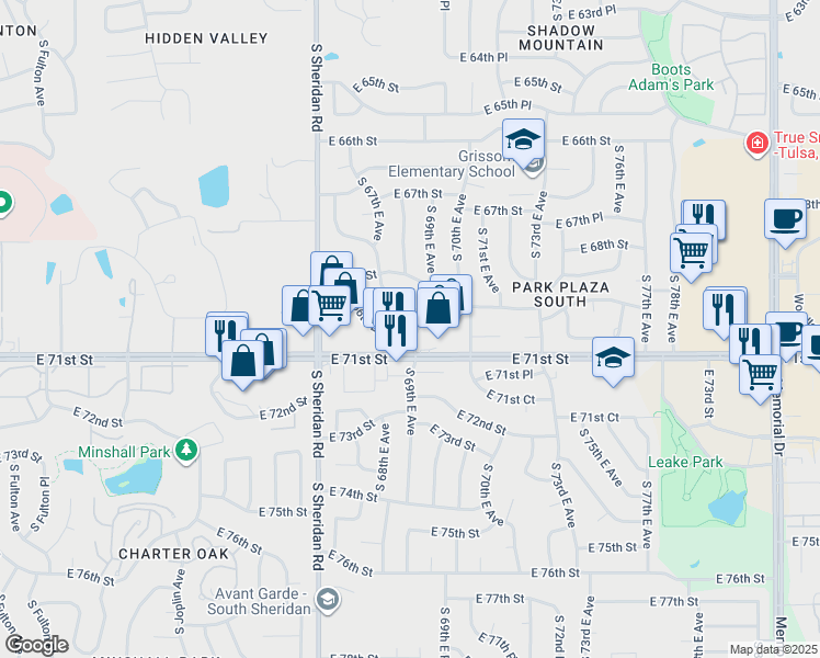 map of restaurants, bars, coffee shops, grocery stores, and more near 6964 South 69th East Avenue in Tulsa