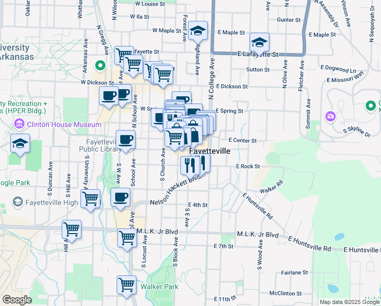 map of restaurants, bars, coffee shops, grocery stores, and more near in Fayetteville