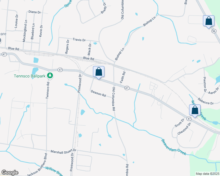 map of restaurants, bars, coffee shops, grocery stores, and more near 2122 Tennessee 47 in Dickson