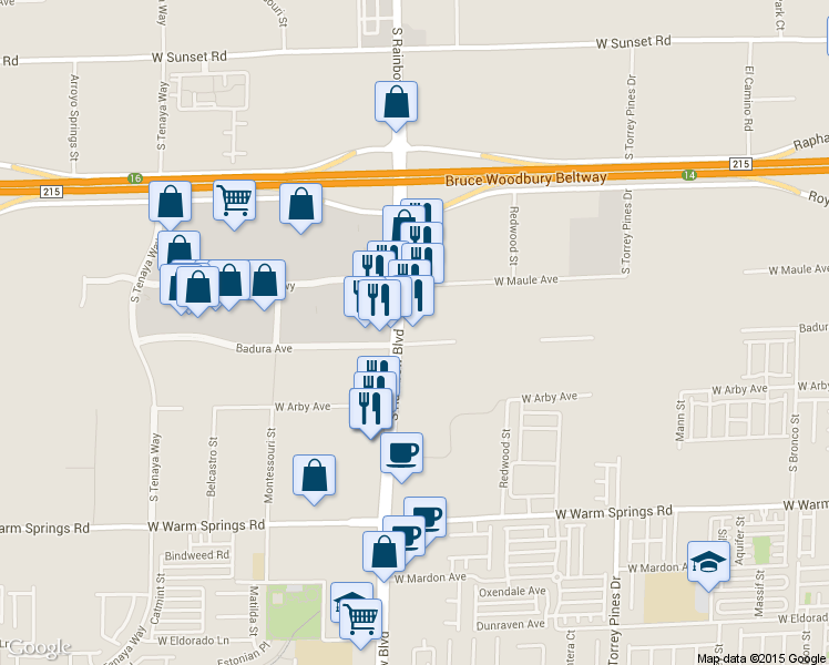 map of restaurants, bars, coffee shops, grocery stores, and more near 6990 South Rainbow Boulevard in Las Vegas