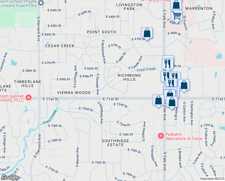 map of restaurants, bars, coffee shops, grocery stores, and more near 7016 S Richmond Ave in Tulsa