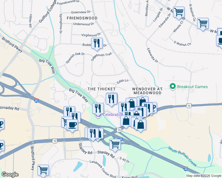 map of restaurants, bars, coffee shops, grocery stores, and more near 4340 Edith Lane in Greensboro