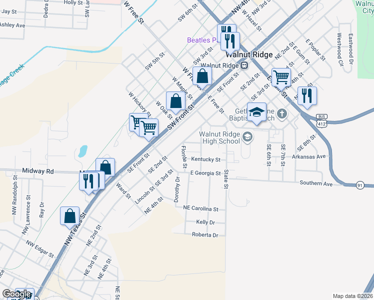 map of restaurants, bars, coffee shops, grocery stores, and more near 719 Florida Street in Walnut Ridge