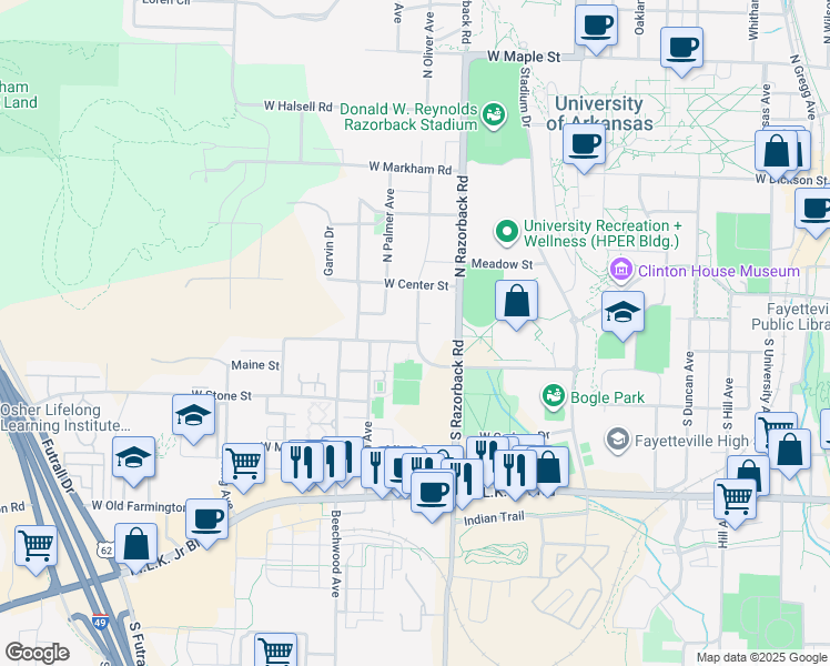 map of restaurants, bars, coffee shops, grocery stores, and more near 151 South Graham Avenue in Fayetteville