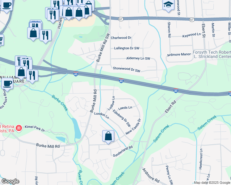 map of restaurants, bars, coffee shops, grocery stores, and more near 2107 New Castle Drive in Winston-Salem