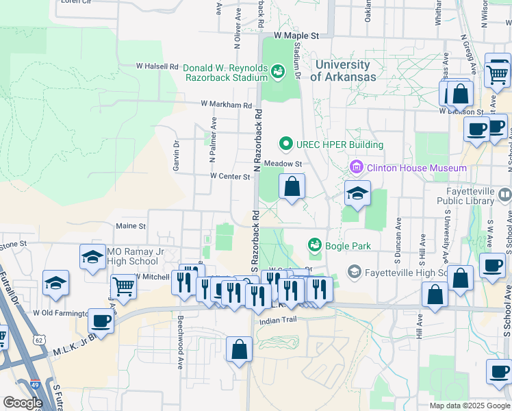 map of restaurants, bars, coffee shops, grocery stores, and more near 161 South Razorback Road in Fayetteville