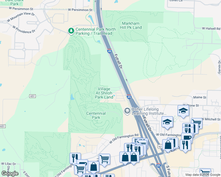 map of restaurants, bars, coffee shops, grocery stores, and more near 231 South Rolling Woods Way in Fayetteville