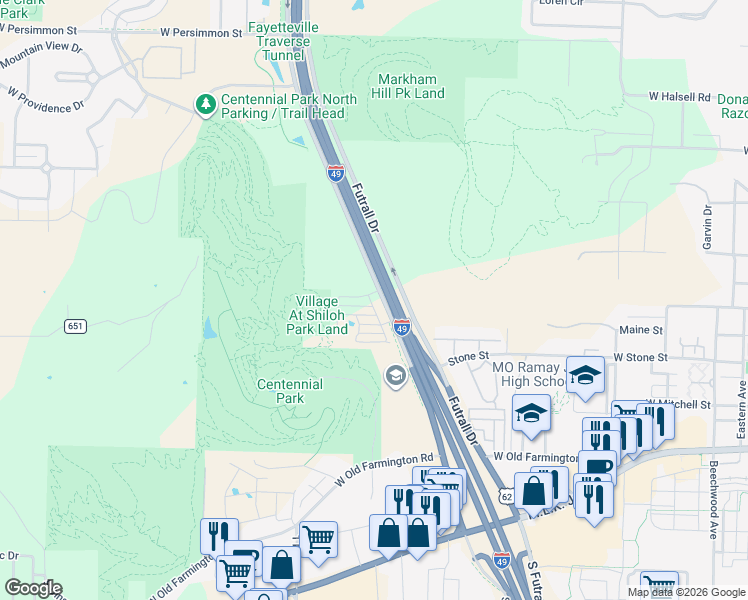 map of restaurants, bars, coffee shops, grocery stores, and more near 2815 West Hillshire Drive in Fayetteville