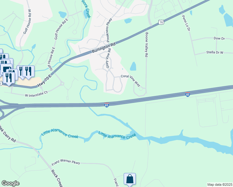 map of restaurants, bars, coffee shops, grocery stores, and more near 1214 Glory Vine Road in Whitsett