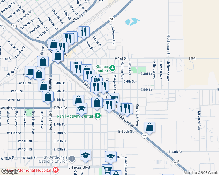 map of restaurants, bars, coffee shops, grocery stores, and more near 917 East 5th Street in Dalhart