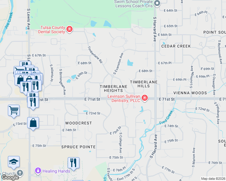 map of restaurants, bars, coffee shops, grocery stores, and more near 2911 East 70th Court in Tulsa