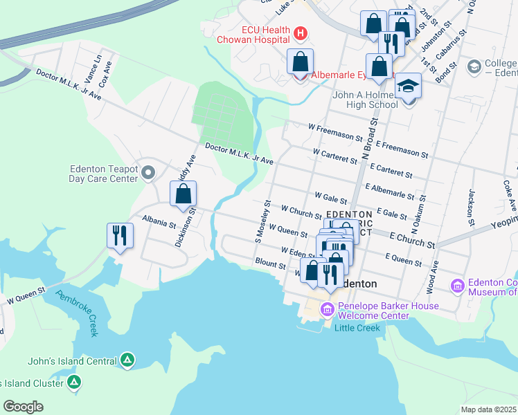 map of restaurants, bars, coffee shops, grocery stores, and more near 305 West Church Street in Edenton