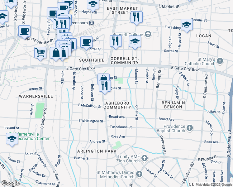 map of restaurants, bars, coffee shops, grocery stores, and more near 1011 South Pearson Street in Greensboro