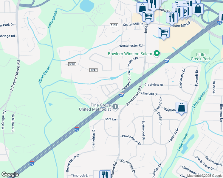 map of restaurants, bars, coffee shops, grocery stores, and more near 947 Silver Leaf Drive in Winston-Salem