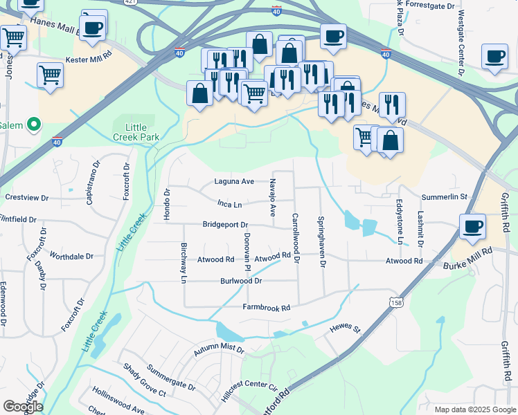 map of restaurants, bars, coffee shops, grocery stores, and more near 2712 Inca Lane in Winston-Salem
