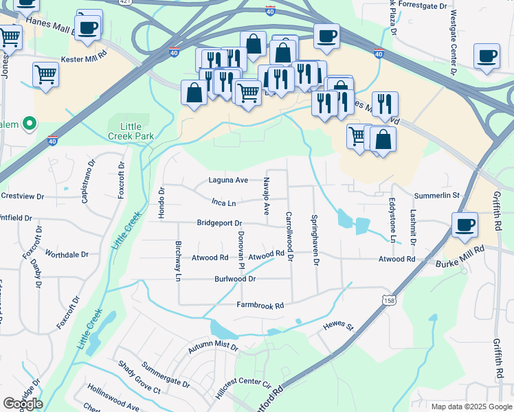 map of restaurants, bars, coffee shops, grocery stores, and more near 2706 Inca Lane in Winston-Salem