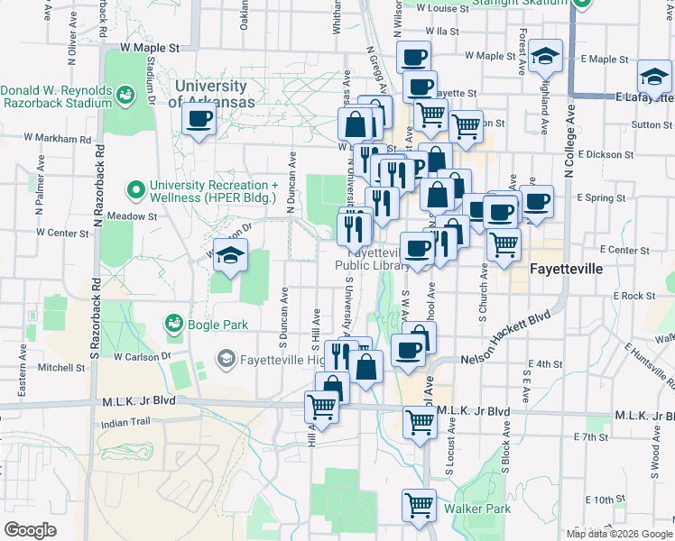 map of restaurants, bars, coffee shops, grocery stores, and more near 150 South Hill Avenue in Fayetteville