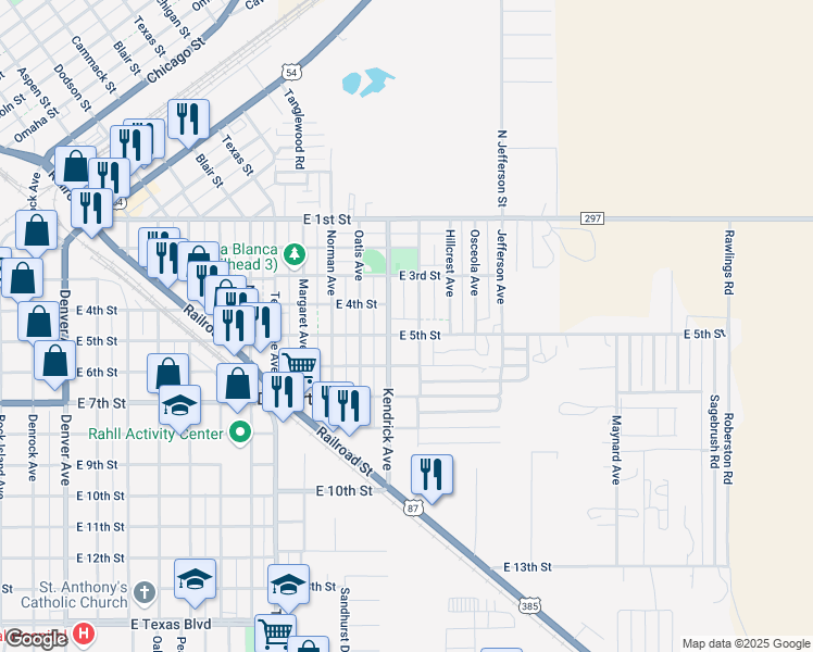 map of restaurants, bars, coffee shops, grocery stores, and more near 1313 East 5th Street in Dalhart