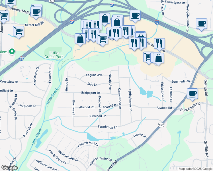 map of restaurants, bars, coffee shops, grocery stores, and more near 2706 Inca Lane in Winston-Salem