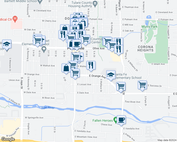 map of restaurants, bars, coffee shops, grocery stores, and more near 220 South B Street in Porterville