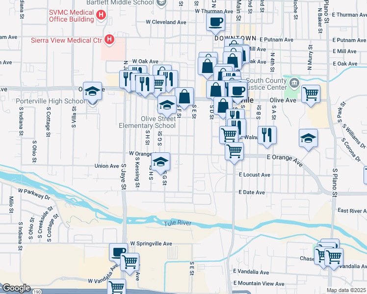 map of restaurants, bars, coffee shops, grocery stores, and more near 166 West Orange Avenue in Porterville