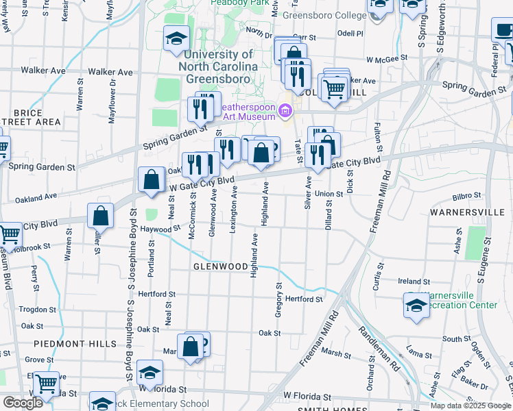 map of restaurants, bars, coffee shops, grocery stores, and more near 812 Highland Avenue in Greensboro