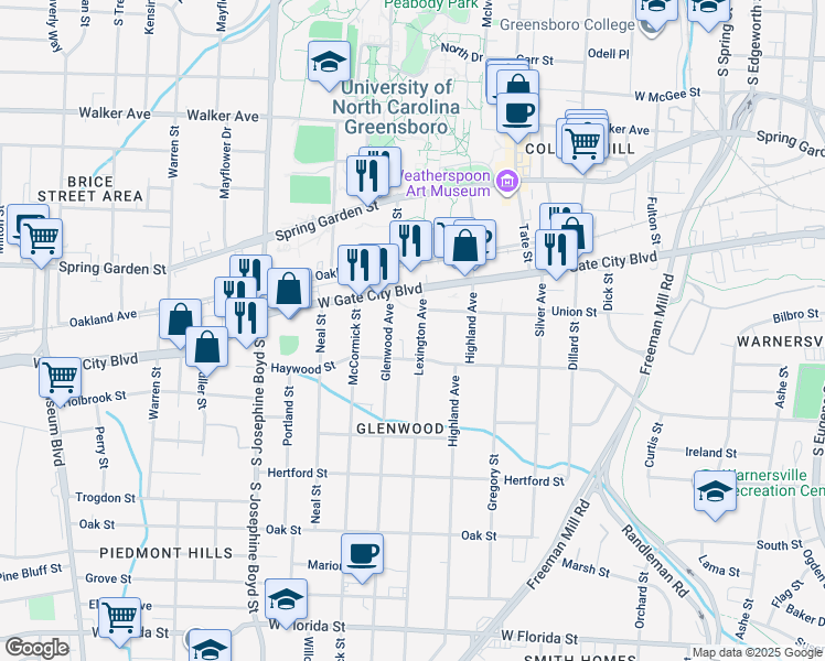 map of restaurants, bars, coffee shops, grocery stores, and more near 811 Lexington Avenue in Greensboro