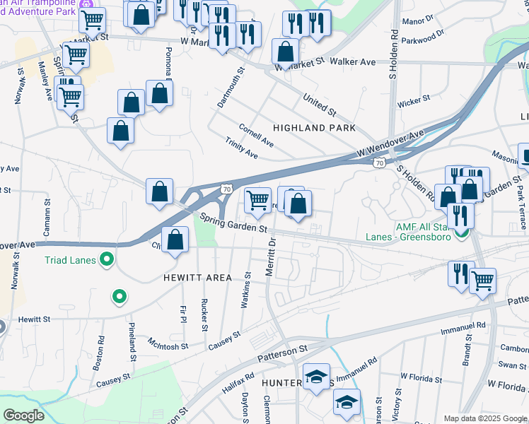 map of restaurants, bars, coffee shops, grocery stores, and more near 608 Merritt Drive in Greensboro
