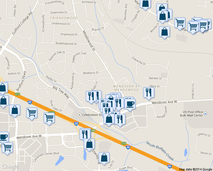 map of restaurants, bars, coffee shops, grocery stores, and more near 4219 Edith Lane in Greensboro