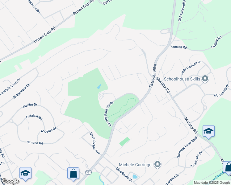 map of restaurants, bars, coffee shops, grocery stores, and more near 5322 Beverly Park Circle in Knoxville