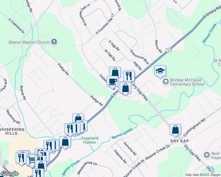 map of restaurants, bars, coffee shops, grocery stores, and more near 1317 East Emory Road in Knoxville