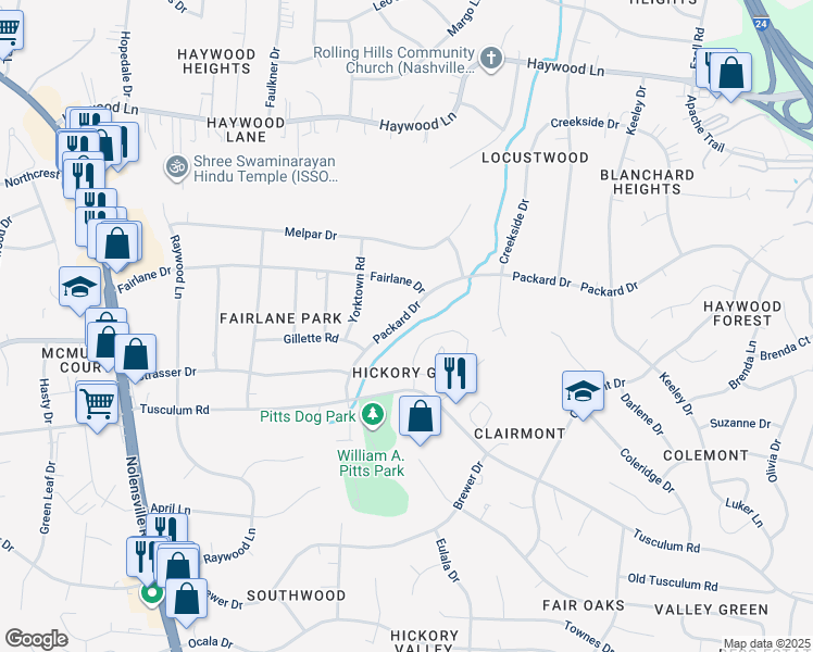 map of restaurants, bars, coffee shops, grocery stores, and more near 439 Hickory Glade Drive in Nashville