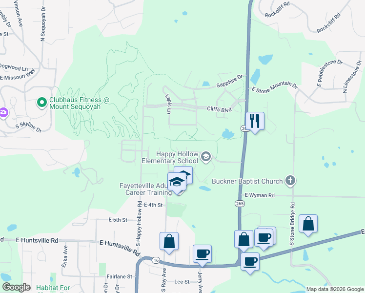 map of restaurants, bars, coffee shops, grocery stores, and more near 1976 East Peppervine Drive in Fayetteville