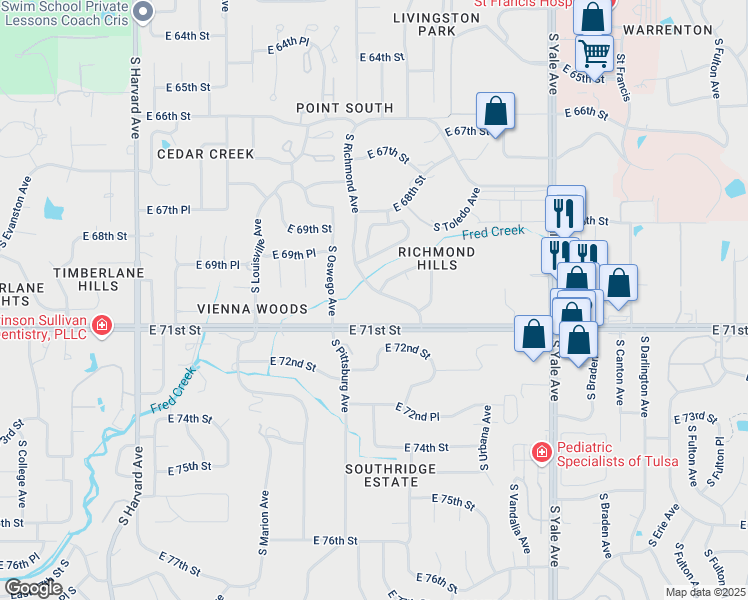map of restaurants, bars, coffee shops, grocery stores, and more near 7016 South Richmond Avenue in Tulsa