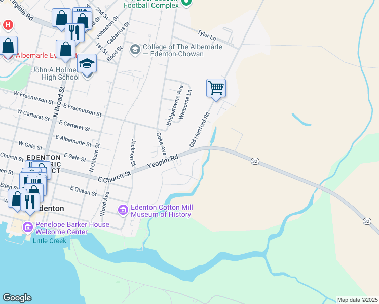map of restaurants, bars, coffee shops, grocery stores, and more near East Church Street in Edenton