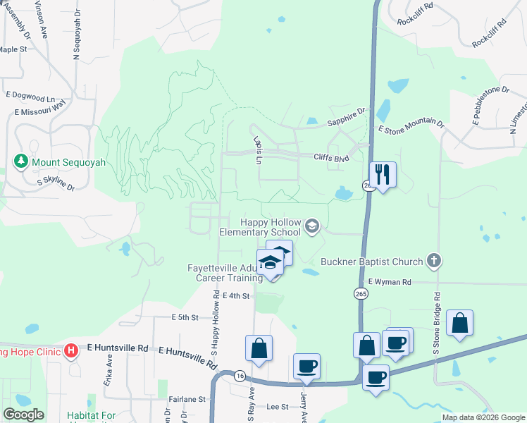map of restaurants, bars, coffee shops, grocery stores, and more near 1976 East Peppervine Drive in Fayetteville
