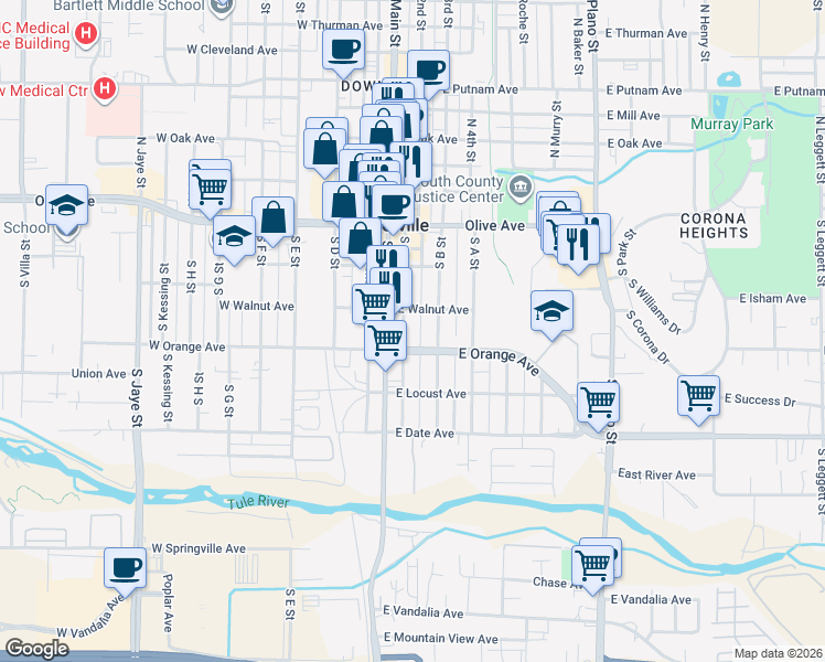 map of restaurants, bars, coffee shops, grocery stores, and more near 230 South Main Street in Porterville